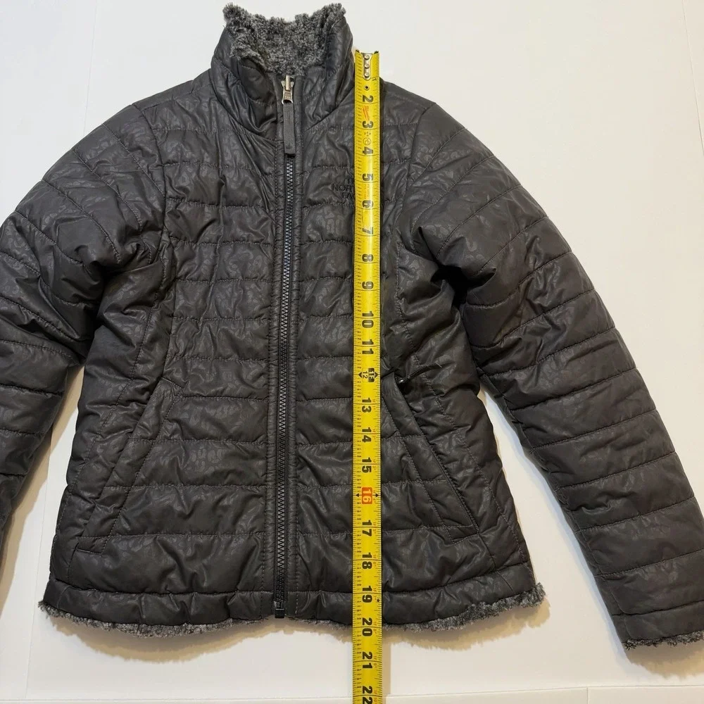 North Face Jacket Girls Size 7/8 Black Grey Polyester Faux‎ fur Coat reversible
